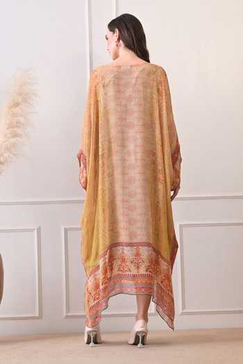Shop_Peenacolada_Orange Georgette V-neck Placement Print Hand Embroidered Kaftan _at_Aza_Fashions