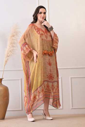 Peenacolada_Orange Georgette V-neck Placement Print Hand Embroidered Kaftan _Online_at_Aza_Fashions