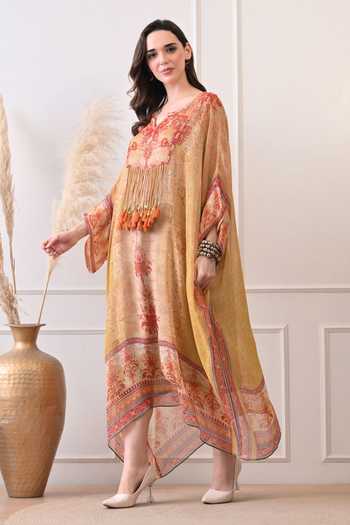 Buy_Peenacolada_Orange Georgette V-neck Placement Print Hand Embroidered Kaftan _Online_at_Aza_Fashions