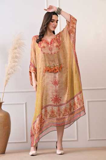 Shop_Peenacolada_Orange Georgette V-neck Placement Print Hand Embroidered Kaftan _Online_at_Aza_Fashions