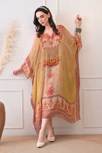 Buy_Peenacolada_Orange Georgette V-neck Placement Print Hand Embroidered Kaftan _at_Aza_Fashions