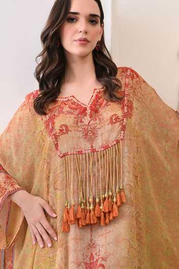 Peenacolada_Orange Georgette V-neck Placement Print Hand Embroidered Kaftan _at_Aza_Fashions