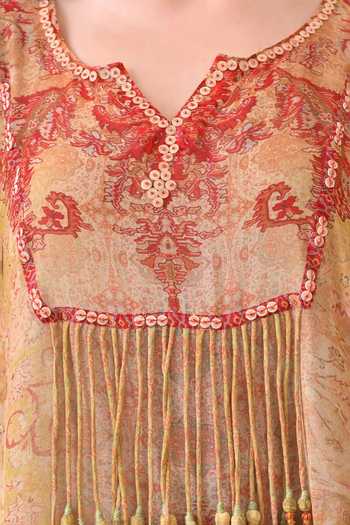 Buy_Peenacolada_Orange Georgette V-neck Placement Print Hand Embroidered Kaftan 
