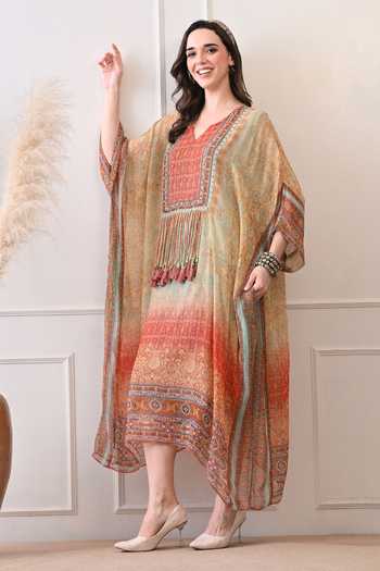 Peenacolada_Orange Georgette V-neck Tassel Work Yoke Kaftan _Online_at_Aza_Fashions