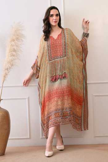 Buy_Peenacolada_Orange Georgette V-neck Tassel Work Yoke Kaftan _Online_at_Aza_Fashions
