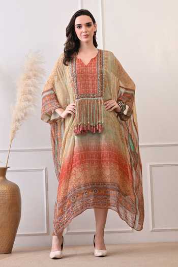 Buy_Peenacolada_Orange Georgette V-neck Tassel Work Yoke Kaftan _at_Aza_Fashions