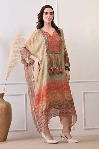 Shop_Peenacolada_Orange Georgette V-neck Tassel Work Yoke Kaftan _Online_at_Aza_Fashions