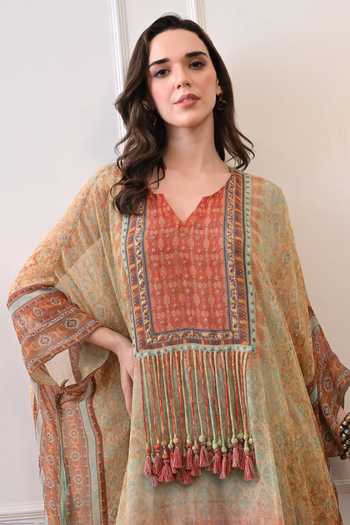 Buy_Peenacolada_Orange Georgette V-neck Tassel Work Yoke Kaftan 