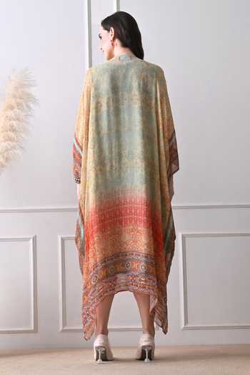 Shop_Peenacolada_Orange Georgette V-neck Tassel Work Yoke Kaftan _at_Aza_Fashions