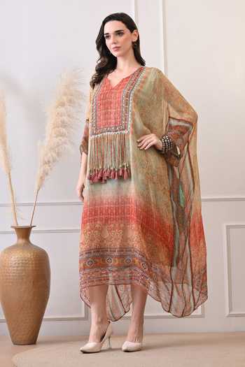Shop_Peenacolada_Orange Georgette V-neck Tassel Work Yoke Kaftan 