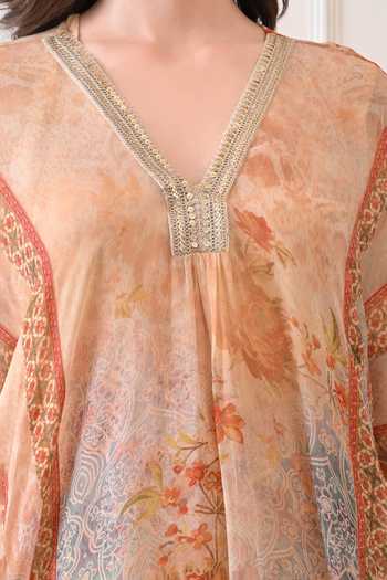 Peenacolada_Orange Georgette V-neck Floral Print Kaftan _Online_at_Aza_Fashions