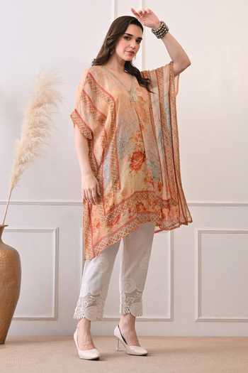 Buy_Peenacolada_Orange Georgette V-neck Floral Print Kaftan _Online_at_Aza_Fashions