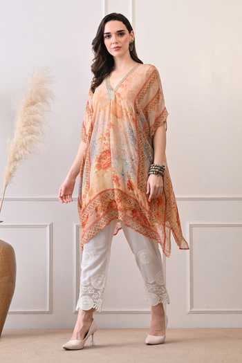 Shop_Peenacolada_Orange Georgette V-neck Floral Print Kaftan _Online_at_Aza_Fashions