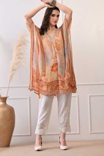 Buy_Peenacolada_Orange Georgette V-neck Floral Print Kaftan 
