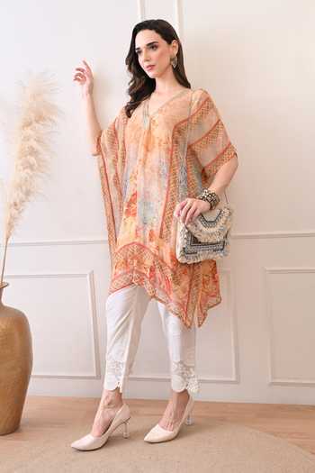 Shop_Peenacolada_Orange Georgette V-neck Floral Print Kaftan 