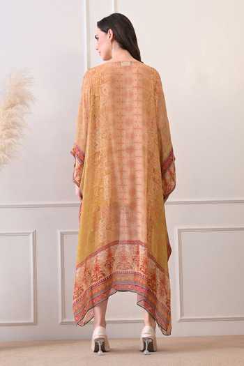 Shop_Peenacolada_Orange Georgette V-neck Tassel Yoke Kaftan _at_Aza_Fashions
