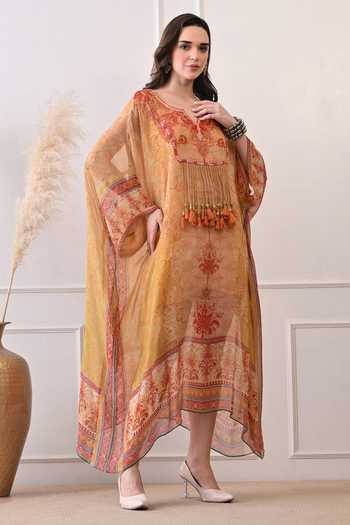 Peenacolada_Orange Georgette V-neck Tassel Yoke Kaftan _Online_at_Aza_Fashions