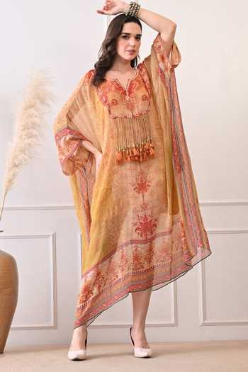 Buy_Peenacolada_Orange Georgette V-neck Tassel Yoke Kaftan _Online_at_Aza_Fashions