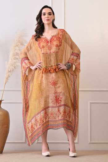 Buy_Peenacolada_Orange Georgette V-neck Tassel Yoke Kaftan _at_Aza_Fashions