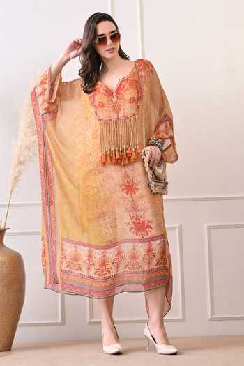 Shop_Peenacolada_Orange Georgette V-neck Tassel Yoke Kaftan _Online_at_Aza_Fashions