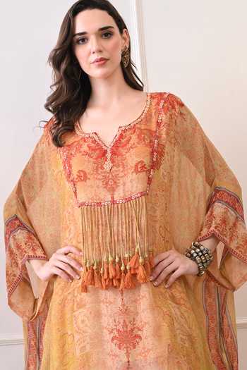 Peenacolada_Orange Georgette V-neck Tassel Yoke Kaftan _at_Aza_Fashions