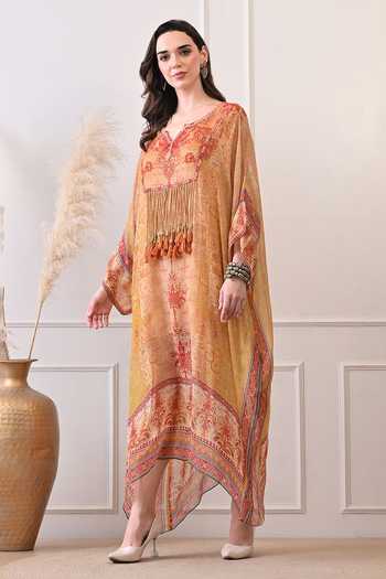 Buy_Peenacolada_Orange Georgette V-neck Tassel Yoke Kaftan 
