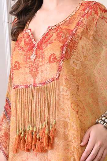 Shop_Peenacolada_Orange Georgette V-neck Tassel Yoke Kaftan 