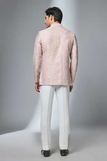 Shop_Salil Bhatia_Pink Silk, Chanderi Embroidery, Sequins, Zari Bandhgala _at_Aza_Fashions