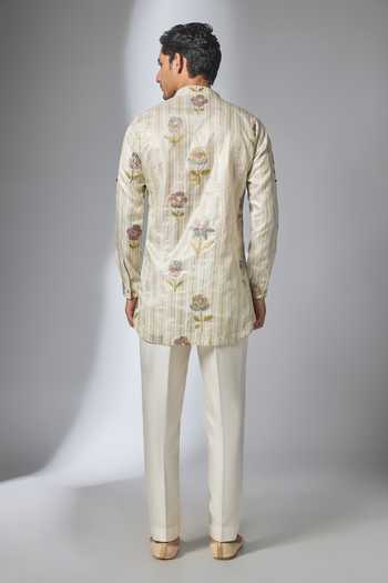 Shop_Salil Bhatia_Ivory Tissue, Silk, Chanderi Floral Embellished Kurta Set _at_Aza_Fashions