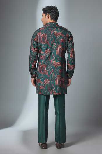 Shop_Salil Bhatia_Green Silk Embroidered Kurta And Pant Set _at_Aza_Fashions