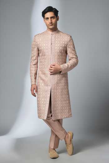 Buy_Salil Bhatia_Pink Silk, Chanderi Zari Embellished Sherwani And Pant Set _at_Aza_Fashions