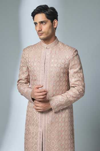 Buy_Salil Bhatia_Pink Silk, Chanderi Zari Embellished Sherwani And Pant Set _Online_at_Aza_Fashions