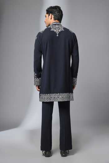 Shop_Salil Bhatia_Blue Mirror Work Embroidered Kurta And Pant Set _at_Aza_Fashions