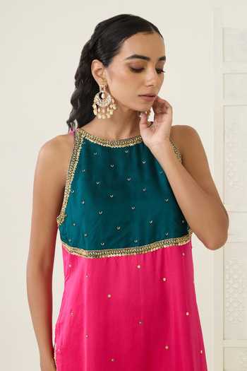 Buy_BAHAARA BY DIVYA NARULA_Pink Silk Satin Sequins Halter Neck, Yes Colour Block Kurta And Palazzo Set _Online_at_Aza_Fashions
