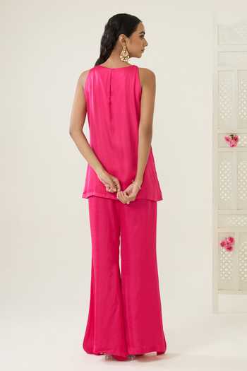 Shop_BAHAARA BY DIVYA NARULA_Pink Silk Satin Sequins Halter Neck, Yes Colour Block Kurta And Palazzo Set _at_Aza_Fashions