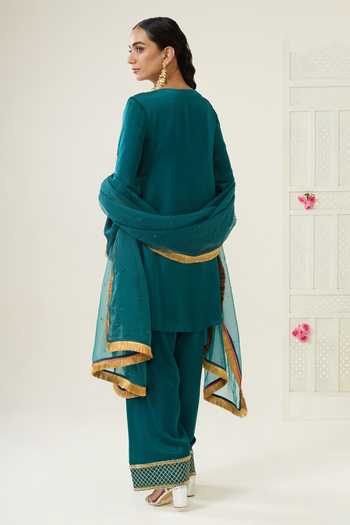 Shop_BAHAARA BY DIVYA NARULA_Teal Silk Satin, Organza V-neck Simran Contrast Yoke Kurta Set _at_Aza_Fashions