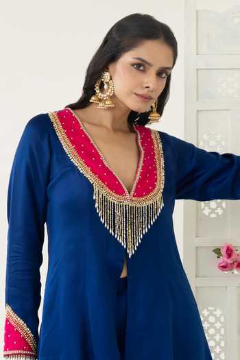 BAHAARA BY DIVYA NARULA_Navy Silk Satin V-neck, Yes Safiya Embellished Jacket Kurta And Palazzo Set _Online_at_Aza_Fashions