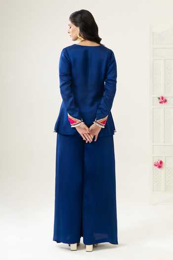 Shop_BAHAARA BY DIVYA NARULA_Navy Silk Satin V-neck, Yes Safiya Embellished Jacket Kurta And Palazzo Set _at_Aza_Fashions