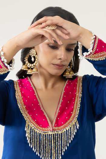 Shop_BAHAARA BY DIVYA NARULA_Navy Silk Satin V-neck, Yes Safiya Embellished Jacket Kurta And Palazzo Set 