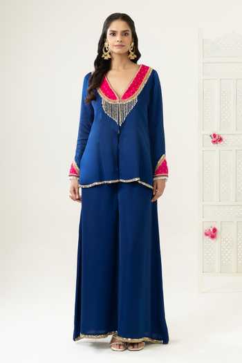 BAHAARA BY DIVYA NARULA_Navy Silk Satin V-neck, Yes Safiya Embellished Jacket Kurta And Palazzo Set _Online