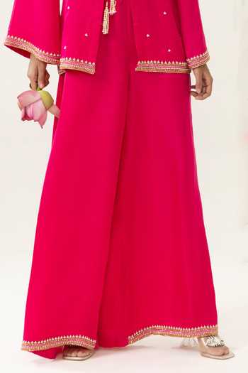 BAHAARA BY DIVYA NARULA_Pink Silk Satin Beads, Sequins Scoop Sana Metallic Beaded Jacket Palazzo Set _Online_at_Aza_Fashions
