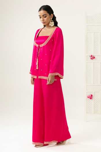 Shop_BAHAARA BY DIVYA NARULA_Pink Silk Satin Beads, Sequins Scoop Sana Metallic Beaded Jacket Palazzo Set _Online_at_Aza_Fashions