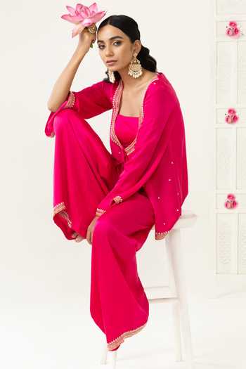 BAHAARA BY DIVYA NARULA_Pink Silk Satin Beads, Sequins Scoop Sana Metallic Beaded Jacket Palazzo Set _at_Aza_Fashions