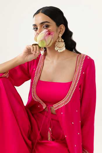 Buy_BAHAARA BY DIVYA NARULA_Pink Silk Satin Beads, Sequins Scoop Sana Metallic Beaded Jacket Palazzo Set 