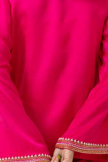 Buy_BAHAARA BY DIVYA NARULA_Pink Silk Satin Beads, Sequins Scoop Sana Metallic Beaded Jacket Palazzo Set _Online