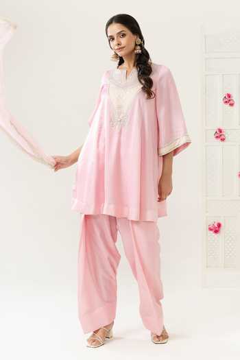Buy_BAHAARA BY DIVYA NARULA_Pink Silk Satin, Organza Round Neck, Yes Noora Embellished Yoke Kurta Set _Online_at_Aza_Fashions