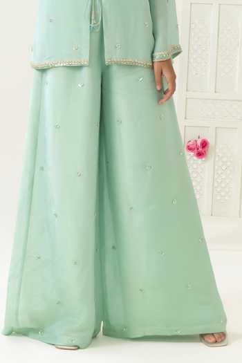 BAHAARA BY DIVYA NARULA_Aqua Organza, Tissue Scoop , Square Sana Embroidered Jacket Palazzo Set _Online_at_Aza_Fashions