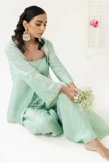 Buy_BAHAARA BY DIVYA NARULA_Aqua Organza, Tissue Scoop , Square Sana Embroidered Jacket Palazzo Set _Online_at_Aza_Fashions