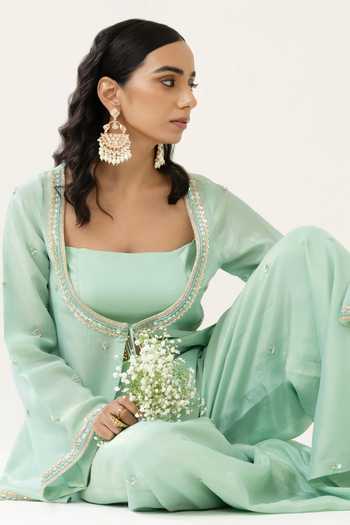 BAHAARA BY DIVYA NARULA_Aqua Organza, Tissue Scoop , Square Sana Embroidered Jacket Palazzo Set _at_Aza_Fashions