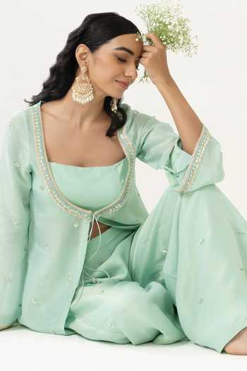 Buy_BAHAARA BY DIVYA NARULA_Aqua Organza, Tissue Scoop , Square Sana Embroidered Jacket Palazzo Set 